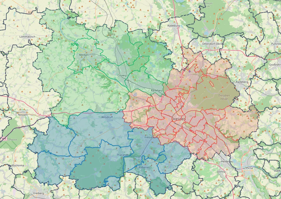 Karte mit klar voneinander abgegrenzten Vertriebsgebieten rund um Dresden